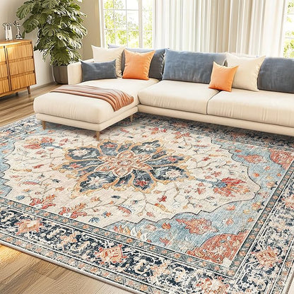 RELEANY Area Rugs 7'x10' Washable Non-Slip, Floral Vintage Distress Print Pattern Medallion Carpet for Living Room Bedroom Dining Room, Beige Navy Blue Orange Colorful