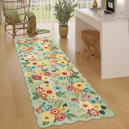 DUKINO 2x10 Runner Rug for Hallway, Washable Kitchen Rug with Non Slip Backing & Non-Shediing, Soft Low Pile Floral Design Runner for Bedroom, Kithchen, Living Room, Laundry, Bathroom, Green
