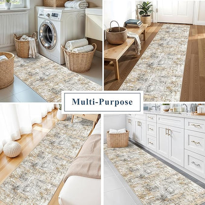 2x10 Ft Long Runner Rug for Hallway – Non-Slip Washable Floor Runner for Kitchen Indoor Entryway, Bedroom, Living Room,Modern Abstract Low-Pile Thin Carpet （Gold Grey）