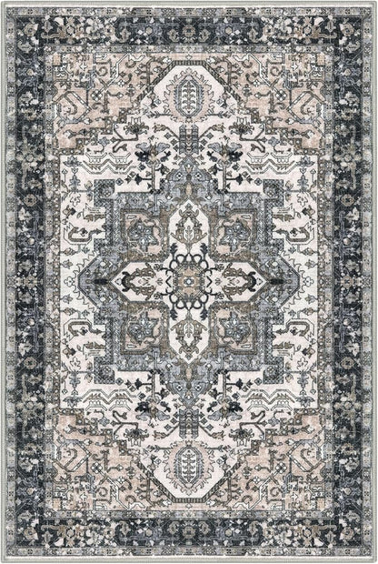 KOZYFLY Area Rug 4x6 Ft Washable Rugs for Entryway Non Slip Faux Wool Printed Throw Rug for Kitchen Bedroom Hallway Living Room Indoor Floor Decoration, Black/Taupe/Beige