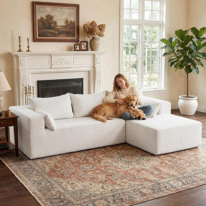 106" Cloud Sectional Boneless Couches for Living Room, Modular L Shaped Couch with Deep Seat Oversized Right Facing Chaise, Memory Foam Compressed Spineless 3 Seater Sofa for Apartment, Beige