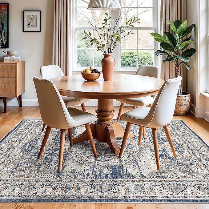 Washable Area Rugs 5x6 Entryway: Soft Ultra Thin Low Pile Mat Machine Washable Indoor Doormat Lightweight Entry Rug Anti Slip Backing Rugs for Living Room Bedroom Kitchen 5'x6' Blue