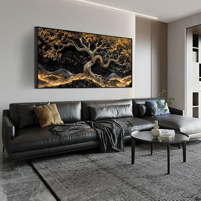 Black and Gold Canvas Wall Art for Living Room - Tree Wall Decor for Bedroom - Large Modern Framed Wall Art for Office Size 29" x 59"