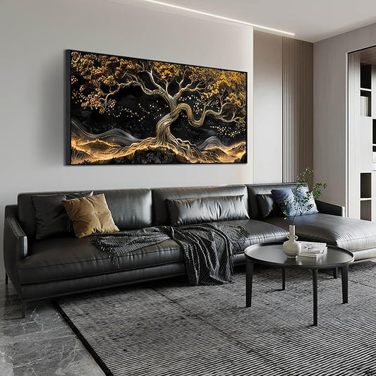 Black and Gold Canvas Wall Art for Living Room - Tree Wall Decor for Bedroom - Large Modern Framed Wall Art for Office Size 29" x 59"