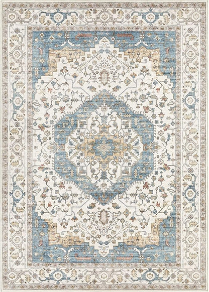 Area Rug for Living Room - 9x12 Soft Washable Oriental Vintage Floral Distressed Large Carpet - Fade Stain Resistant Non Slip Rugs for Bedroom Dining Room Nursery Dorm Office Home Decor - Blue/Beige