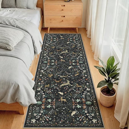 Runner Rug Washable Runners Kitchen Rugs Non Slip Neutral Floral Carpet Low Pile for Indoor Hallways Entryway Living Room Bedroom Laundry Soft Mat 2'6''x8' Black
