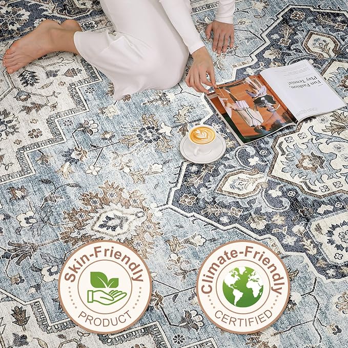 6x9 Area Rugs Living Room: Washable Boho Large Neutral Vintage Soft Rug Stain Resistant Farmhouse Non-Slip Indoor Floor Carpet for Bedroom Nursery Kids Office Dining Room Home House- Blue Tan