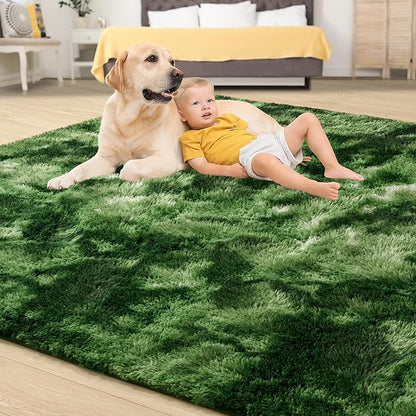 Tepook Fluffy Large Rugs for Living Room, 8x10 Area Rugs for Bedroom, Modern Shag Fuzzy Carpets for Kids Boys Girls, Plush Indoor Nursery Home Decor Rug with Non-Slip Bottom, Tie-Dyed Dark Green