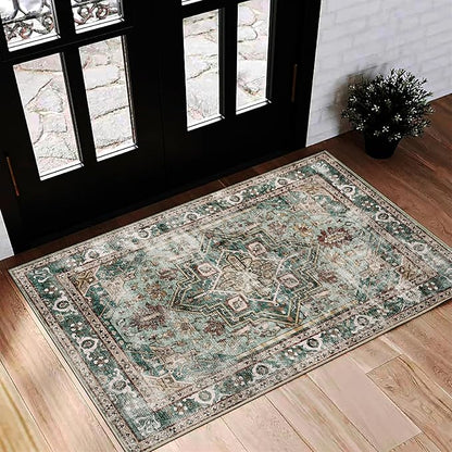 CHAMPLANT 2'x3' Area Rug Washable Door Mat Vintage Doormat Indoor Entrance Traditional Thin Floral Print Non Slip Carpet for Kitchen Bathroom Bedroom Living Room