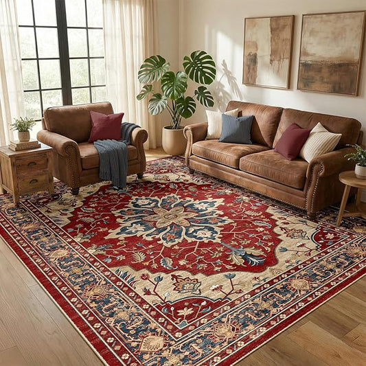 RELEANY Area Rugs 5'x7' Washable Non-Slip, Floral Vintage Distress Print Pattern Medallion Carpet for Living Room Bedroom Dining Room, Red Blue