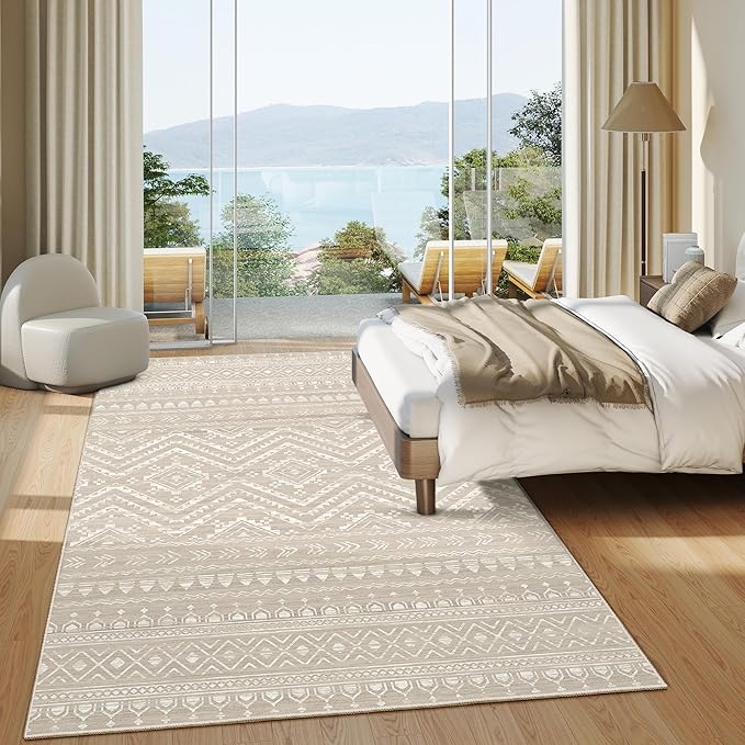 Miukiki 6x9 Area Rug for Living Room Moroccan Washable Rugs Non Slip Indoor Floor Carpet Foldable Large Soft Area Rug for Dining Room Bedroom with Low Pile(Brown,6'x9')