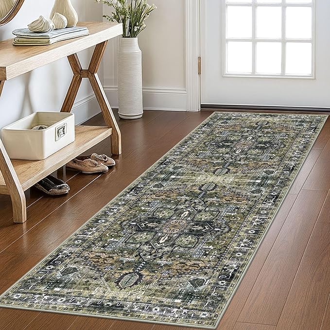KOZYFLY Runners for Hallways 2x6 Ft Washable Kitchen Runner Rug Boho Runner Rug for Entryway Indoor Printed Oriental Faux Wool Floor Carpet Runner for Bedroom Kitchen Hall, Moss Green/Olive Grove