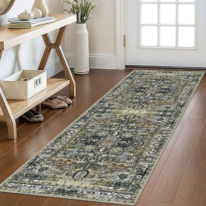 KOZYFLY Runners for Hallways 2x6 Ft Washable Kitchen Runner Rug Boho Runner Rug for Entryway Indoor Printed Oriental Faux Wool Floor Carpet Runner for Bedroom Kitchen Hall, Moss Green/Olive Grove