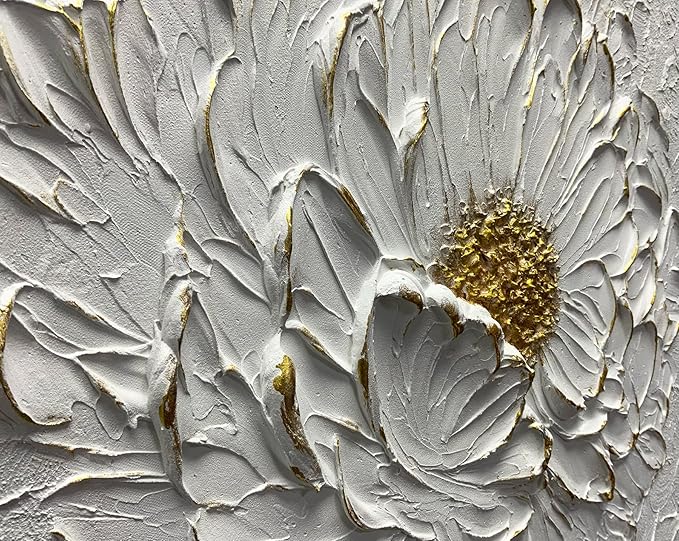 Boiee Art,30x45Inch Hand Painted Textured White Flower Oil Painting On Canvas Gold Acrylic Wall Art Abstract Landscape Paintings Stretched and Framed Ready to Hang