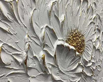 Boiee Art,30x45Inch Hand Painted Textured White Flower Oil Painting On Canvas Gold Acrylic Wall Art Abstract Landscape Paintings Stretched and Framed Ready to Hang