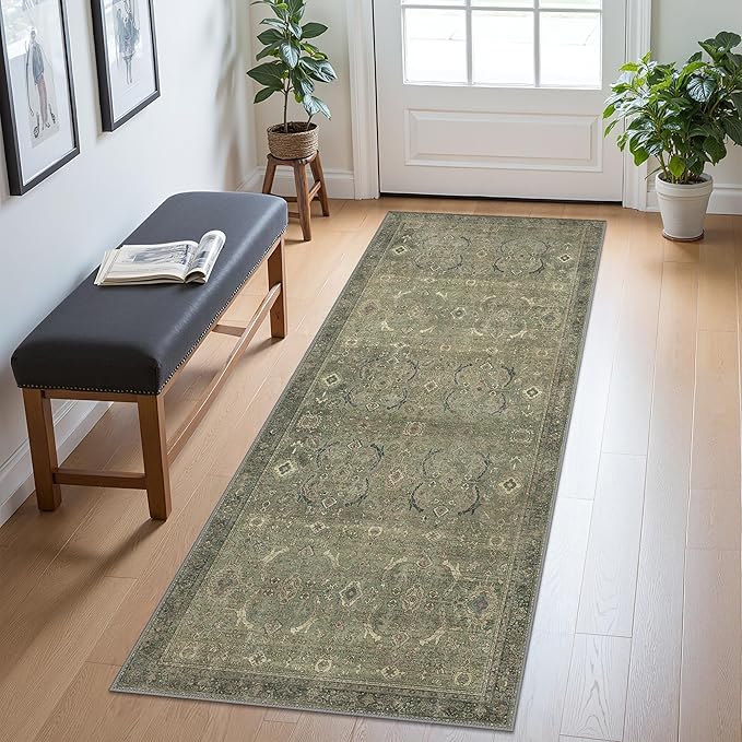 2x5 Runner Rug Machine Washable Boho Rug Runners for Hallway,Ultra-Thin Low Pile Rug,Lightweight Indoor Carpet,Non Slip Floral Runners for Enrtyway, Corridor, Home Office, Kitchen,Muted Green