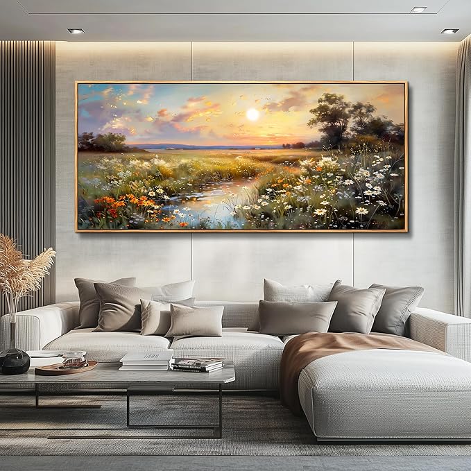 hyidecorart Large Framed Wall Art, Landscape Wall Art, Nature Wall Decor, Wildflowers Scenery Painting Prints, French Country Pictures for Living Room Bedroom Modern Farmhouse Decorations 32x72 In