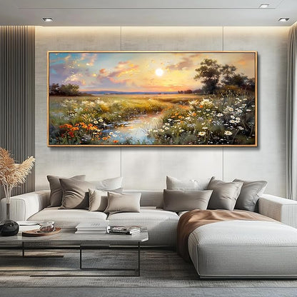 hyidecorart Large Framed Wall Art, Landscape Wall Art, Nature Wall Decor, Wildflowers Scenery Painting Prints, French Country Pictures for Living Room Bedroom Modern Farmhouse Decorations 32x72 In