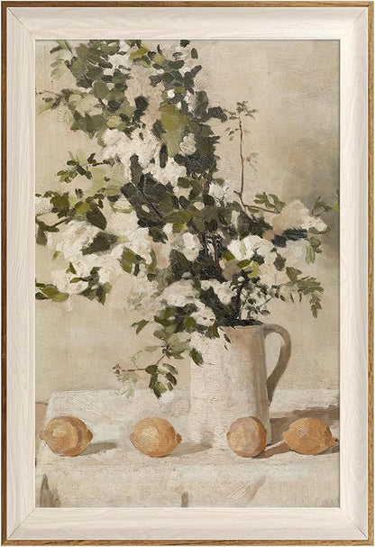 ASTRDECOR Framed Vintage Wall Art, Farmhouse Wall Decor White Flowers Canvas Oil Painting, Vintage Kitchen Decor Floral Wall Art Lemon Botanical North Art Prints for Kitchen Bedroom - 16''x 24''