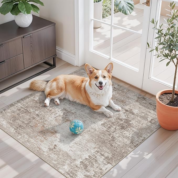 3x3 Square Entryway Rug Washable – Non-Slip Small Area Rug for Kitchen or Bathroom, Soft Low-Pile Indoor Mat, Modern Abstract Thin Door Carpet (Beige Grey)