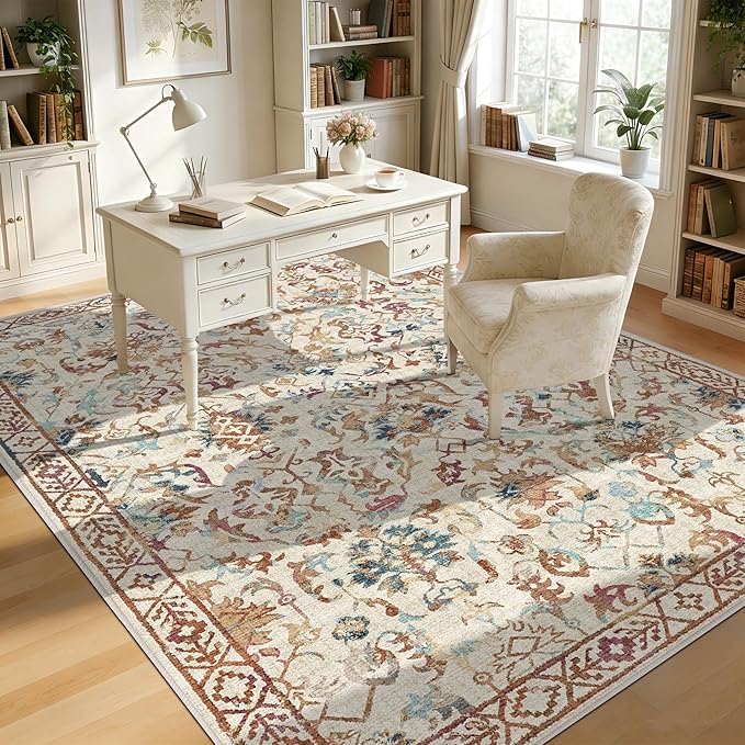 Deerly Beige Colorful Rugs 8x10 for Living Room Soft Non-Slip, Large Vintage Floral Area Rug Retro Tribal Farmhouse Stain Resistant Carpet for Bedroom Dining Room Office Guest Room