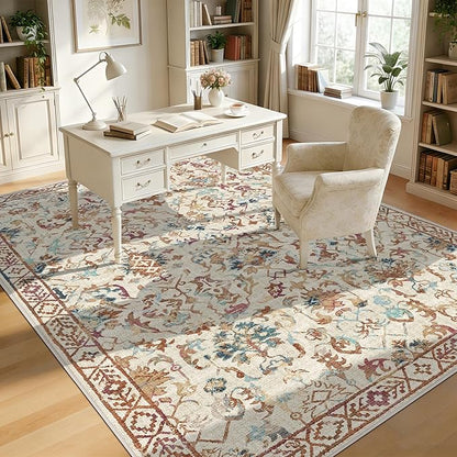 Deerly Beige Colorful Rugs 8x10 for Living Room Soft Non-Slip, Large Vintage Floral Area Rug Retro Tribal Farmhouse Stain Resistant Carpet for Bedroom Dining Room Office Guest Room