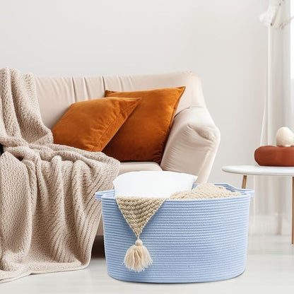 XUANGUO Large Cotton Rope Storage Basket for Blankets, 22" x 17" x 12" Rectangle Woven Basket Bin for Living Room, Nursery, Kids & Dog Toys, Laundry basket for Clothes & Towels, Blue