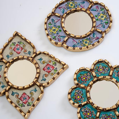 Artisan Handcrafted Wall Mirror Set, 3 Floral Shape Mirrors, Bronze Finish Frame, Turquoise Purple Beige Glass