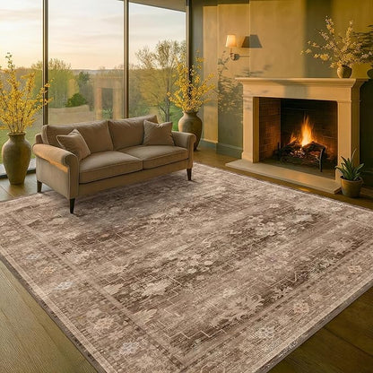 Hazo Haus Taupe Brown 5x8 Rug for Living Room - Vintage Traditional Dark Neutral Geometric, Washable Foldable Non-Slip Area Rugs for Dining Under Table, Home Office, Guest Room