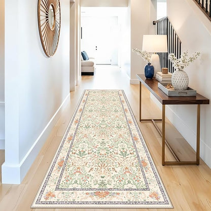 Botanical Hallway Runner Rug 3x10 Ft – Non-Slip Washable Long Kitchen Runner, Low-Pile Thin Vintage Florals Floor Rug for Indoor Entryway, Bedroom, Living Room (Cream)