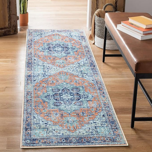 Bloom Rugs Washable Non-Slip 10 ft Runner - Peach/Blue Traditional Runner for Entryway, Hallway, Bathroom, and Kitchen - Exact Size: 2.5' x 10'