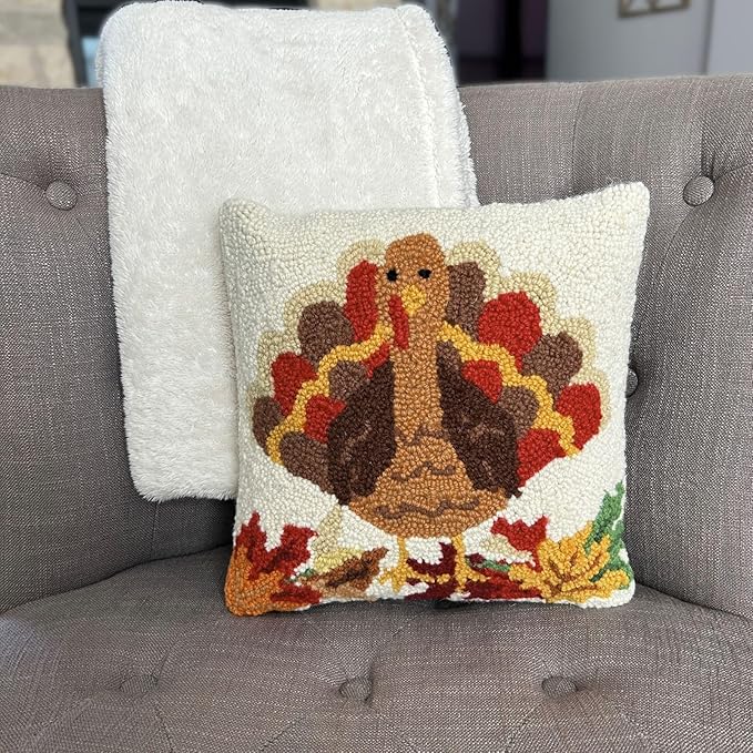 Hand Hooked Thanksgiving Pillow - 12X12 inches Throw Pillow for Couch or Dorm (Turkey)