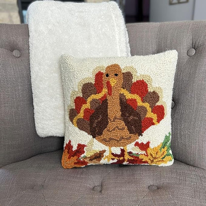 Hand Hooked Thanksgiving Pillow - 12X12 inches Throw Pillow for Couch or Dorm (Turkey)