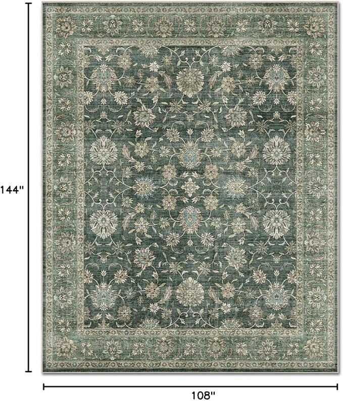 Washable 9x12 Area Rugs for Living Room, Boho Non-Slip Vintage Distress Lager Rugs for Bedroom Dining Room Nursery Office, 0.3" Neutral Oriental Throw Thin Carpet, Sage Green/Multi, E1