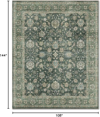 Washable 9x12 Area Rugs for Living Room, Boho Non-Slip Vintage Distress Lager Rugs for Bedroom Dining Room Nursery Office, 0.3" Neutral Oriental Throw Thin Carpet, Sage Green/Multi, E1