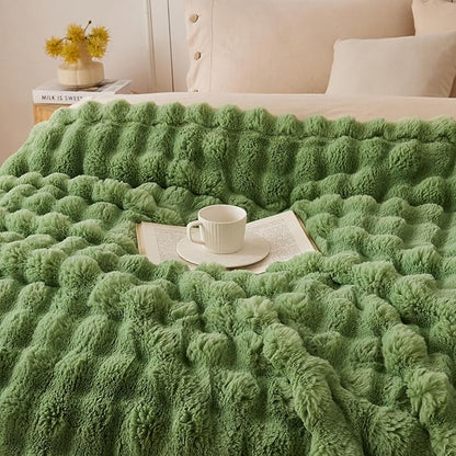 COOVA Faux Fur Throw Blanket for Couch, Cozy Soft and Fuzzy Plush Rabbit Fur Bubble Blanket for Sofa Bedroom Living Room, 60x80 Inches Light Green