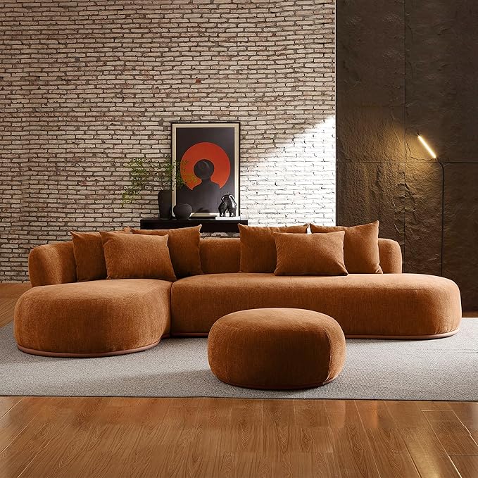 WILLIAMSPACE 134.63" Oversize Curved Sofa Cloud Couch with Round Chaise, Modern Upholstered Curved Sectional Sofa Couch with 6 Pillows for Living Room, No Assembly (Left-Facing,Orange)