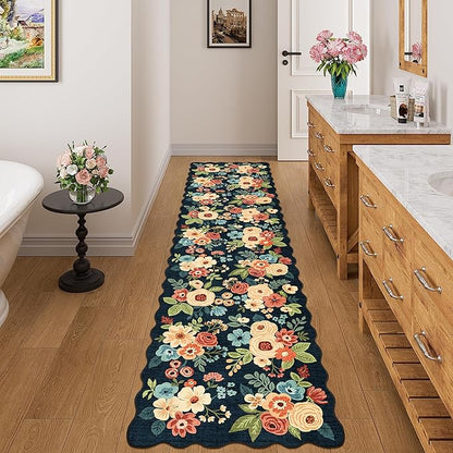 DUKINO 2x8 Washable Runner Rug, Lightweight Soft Floral Hallway Rug Runner with Low Pile Design, Non Shedding & Non Slip Backing Thin Indoor Carpet for Bedroom, Bathroom, Entrance, Kitchen, Navy Blue
