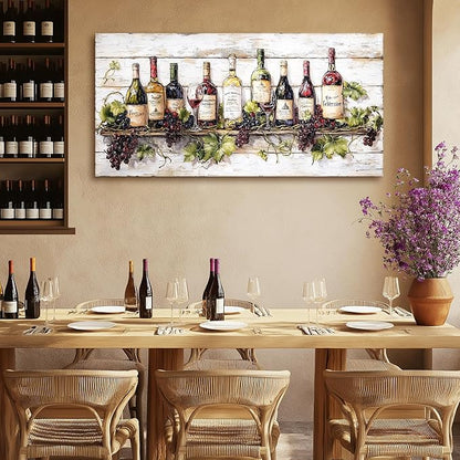 crmotu Still Life Kitchen Wall Art, Wine Bottle Extra Large Artwork, French Country Home Bar Decor Paintings, Modern Home Wall Decor Dining Room Wine Cellar Canvas Art Prints Ready to Hang 29x57inch