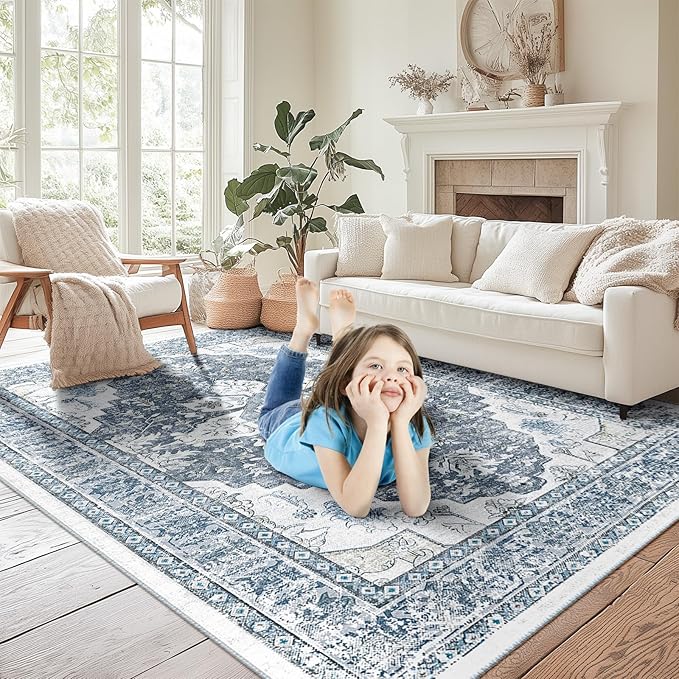 BESTSWEETIE 5x7 Area Rug Washable Rugs for Living Room, No Pile Boho Carpet for Entryway Bedroom Dinning Room, Vintage Carpet Print Distressed Non-Slip, 5 x 7 ft, Blue Grey White