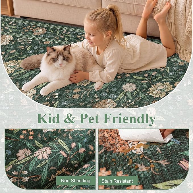 DUKINO 2x6 Rug for Hallway, Vintage Floral Non Slip Kitchen Runner Rug with Washable & Lightweight, Soft Low Pile Indoor Floor Stain Resistant Carpet for Entryway, Bedroom, Bathroom, Laundry, Green