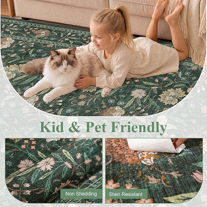 DUKINO 2x6 Rug for Hallway, Vintage Floral Non Slip Kitchen Runner Rug with Washable & Lightweight, Soft Low Pile Indoor Floor Stain Resistant Carpet for Entryway, Bedroom, Bathroom, Laundry, Green