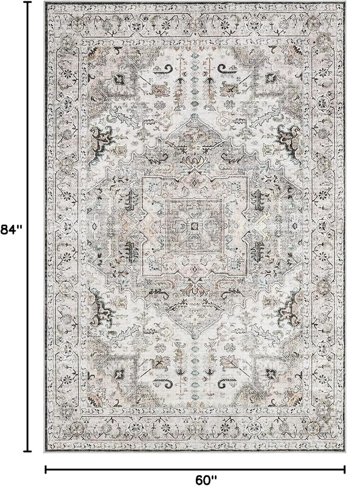 5x7 Washble Area Rugs - Large Stain Resistant Rugs for Living Room Bedroom Non Slip Backing Area Rug Vintage Home Decor Rug (Brown/Ivory,5'x7')