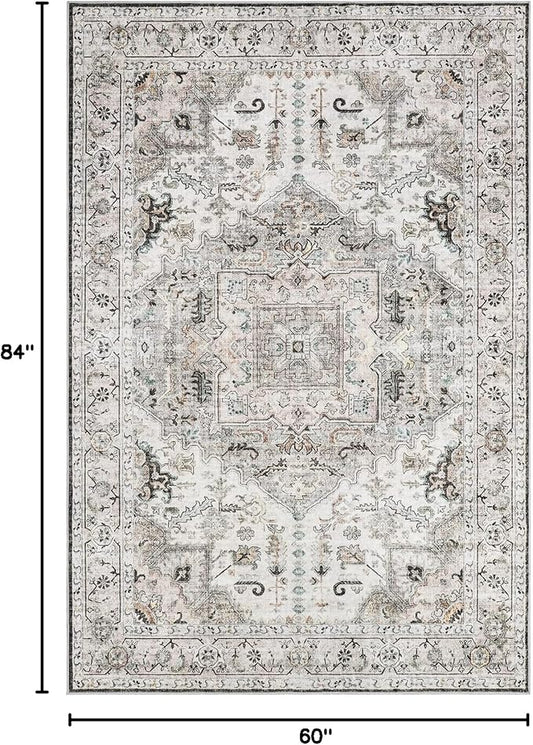 5x7 Washble Area Rugs - Large Stain Resistant Rugs for Living Room Bedroom Non Slip Backing Area Rug Vintage Home Decor Rug (Brown/Ivory,5'x7')