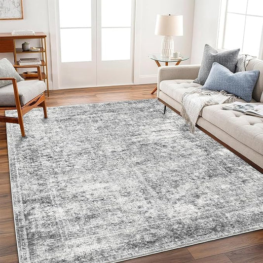 CHAMPLANT Area Rug 9x12 Washable Gray Vintage Traditional Mat Distressed Indoor Foldable Thin Retro Accent Floral Non Slip Carpet for Living Room Dining Room Office