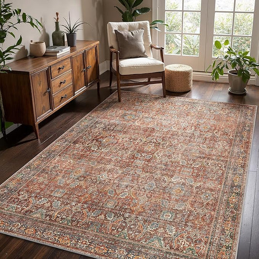 8x10 Area Rug Machine Washable Boho Rug for Living Room,Ultra-Thin Low Pile Carpet,Lightweight Indoor Printed Rug,Non Slip Floral Area Rug for Bedroom, Dining Room, Home Office,Terracotta/Indigo