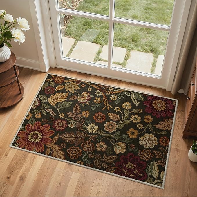 GENIMO 2X3 Washable Doormat, Vintage Floral Print Non-Slip Low Pile Chenille Area Rug, Small Entry Mat for Entrance Hallway Kitchen Bathroom, Floral Brown