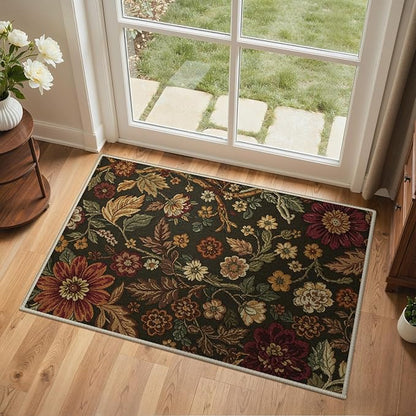 GENIMO 2X3 Washable Doormat, Vintage Floral Print Non-Slip Low Pile Chenille Area Rug, Small Entry Mat for Entrance Hallway Kitchen Bathroom, Floral Brown