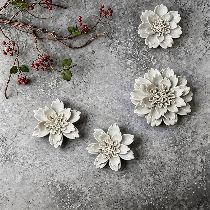 CEUYGT Ceramic Flowers 3D Wall Art Decor Handmade 3D Wall Art Hanging Sculpture for Living Room Bedroom White Peony 2.8"