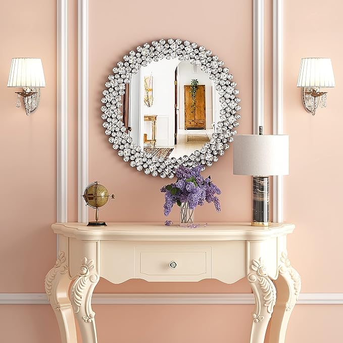 SHYFOY Crystral Round Mirror for Wall Decor,24" Large Wall Mirrors with Luxury Jeweled Decorative Mirror Circle Accent Mirrors for Living Room Bathroom Bedroom Fireplace Decor